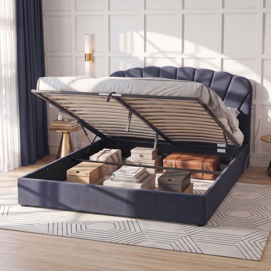 TWSC King Bed Frame with Lift Up Storage and USB Ports Grey