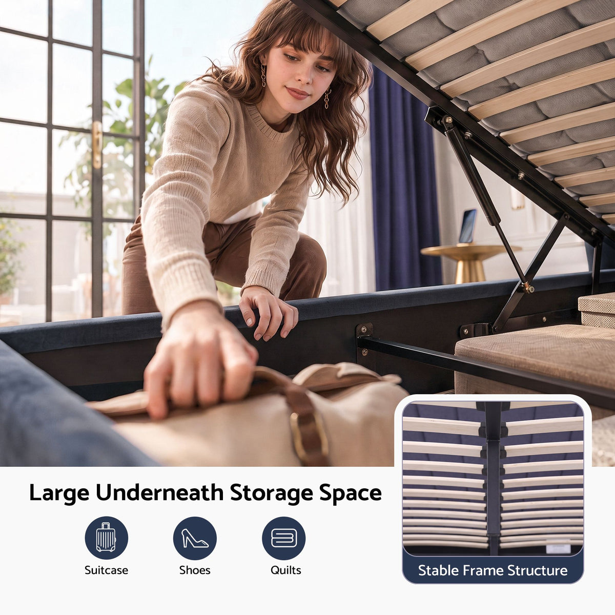 TWSC King Bed Frame with Lift Up Storage and USB Ports Grey