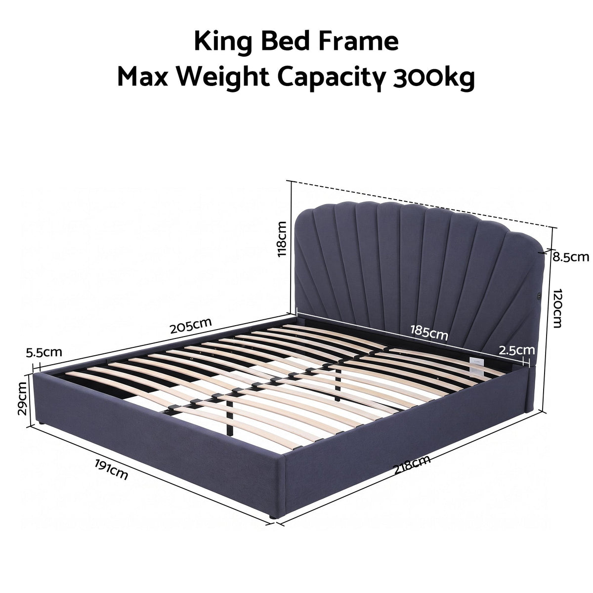 TWSC King Bed Frame with Lift Up Storage and USB Ports Grey