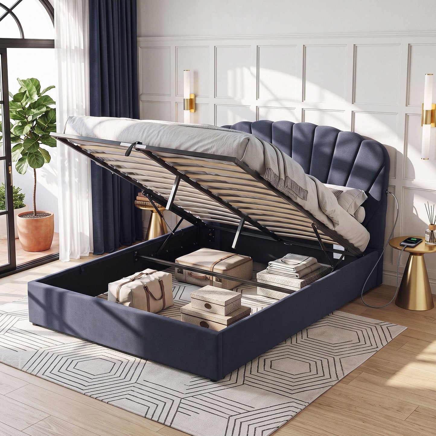 TWSC Queen Bed Frame with Lift Up Storage and USB Ports Grey