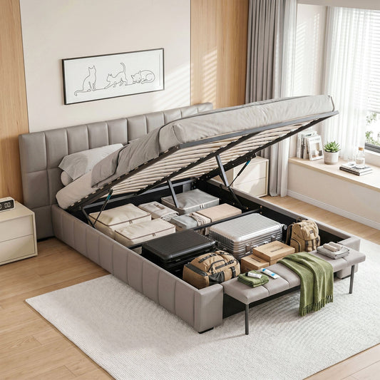TWSC Double Size Upholstered Gas Lift Bed Frame with Foldable Bench PVC Leather Platform Bed with Storage