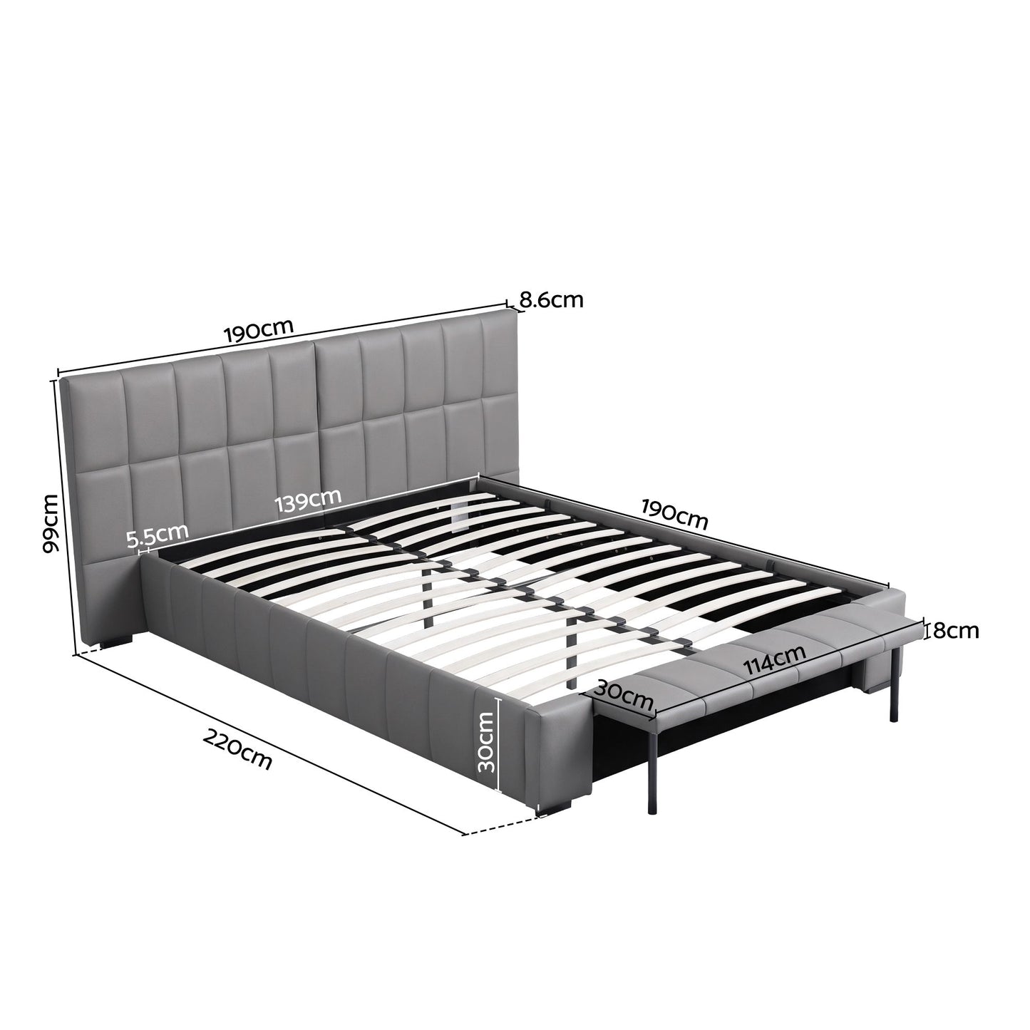 Artiss Double Size Upholstered Gas Lift Bed Frame with Foldable Bench PVC Leather Platform Bed with Storage