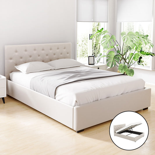 Artiss Bed Frame Gas Lift Beige VILA