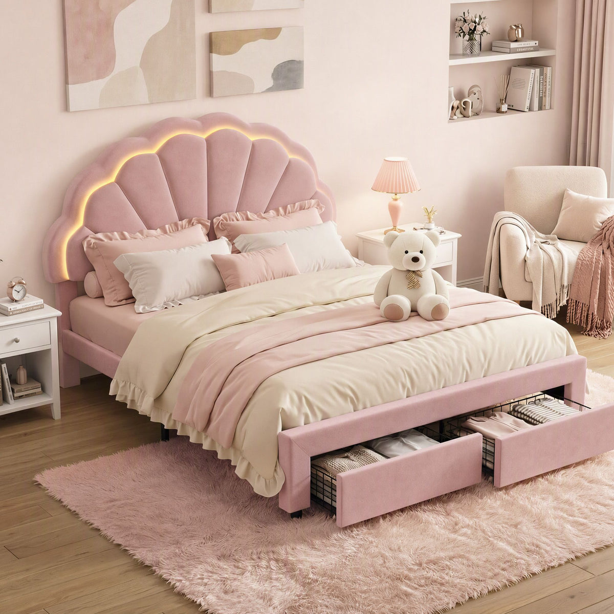 TWSC Double Bed Frame with 2 Storage Drawers Upholstered Velvet Platform Bed LED Headboard Pink