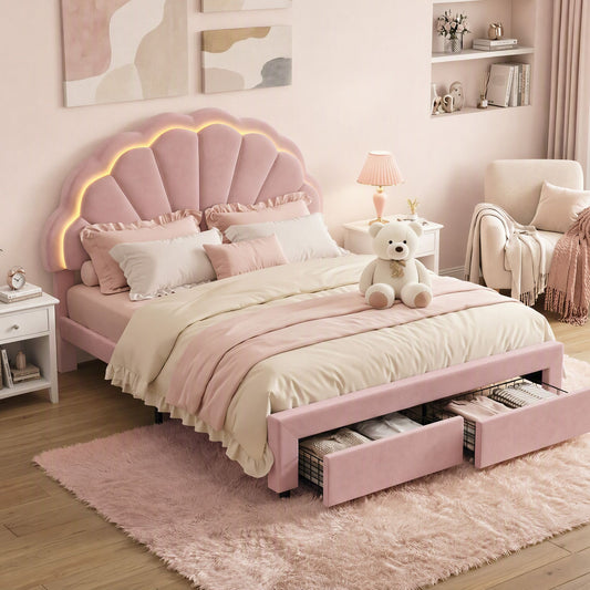 TWSC Double Bed Frame with 2 Storage Drawers Upholstered Velvet Platform Bed LED Headboard Pink