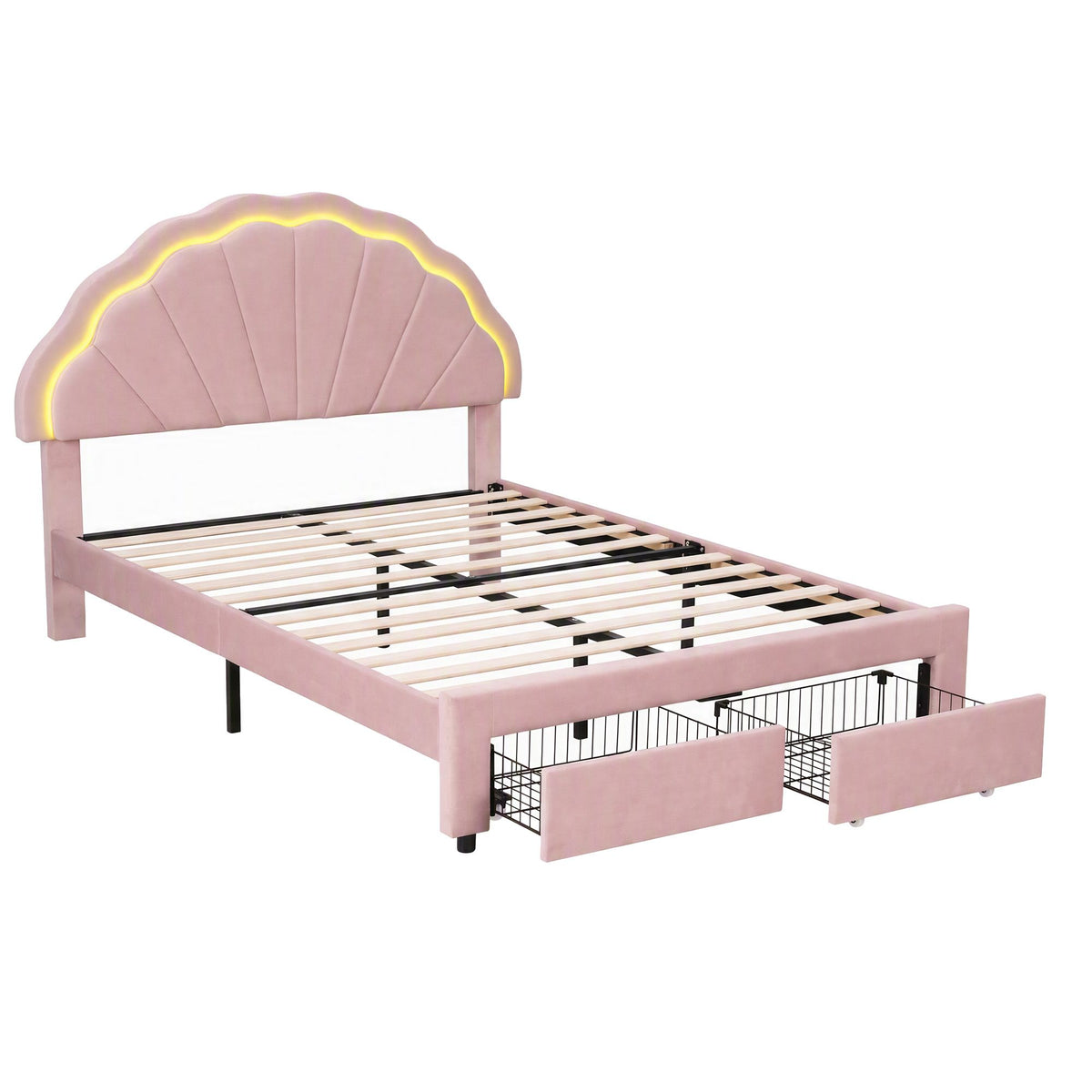 TWSC Double Bed Frame with 2 Storage Drawers Upholstered Velvet Platform Bed LED Headboard Pink