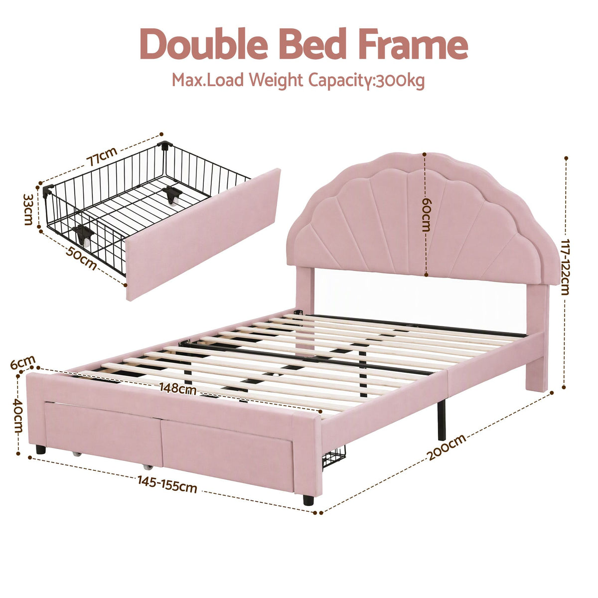 TWSC Double Bed Frame with 2 Storage Drawers Upholstered Velvet Platform Bed LED Headboard Pink