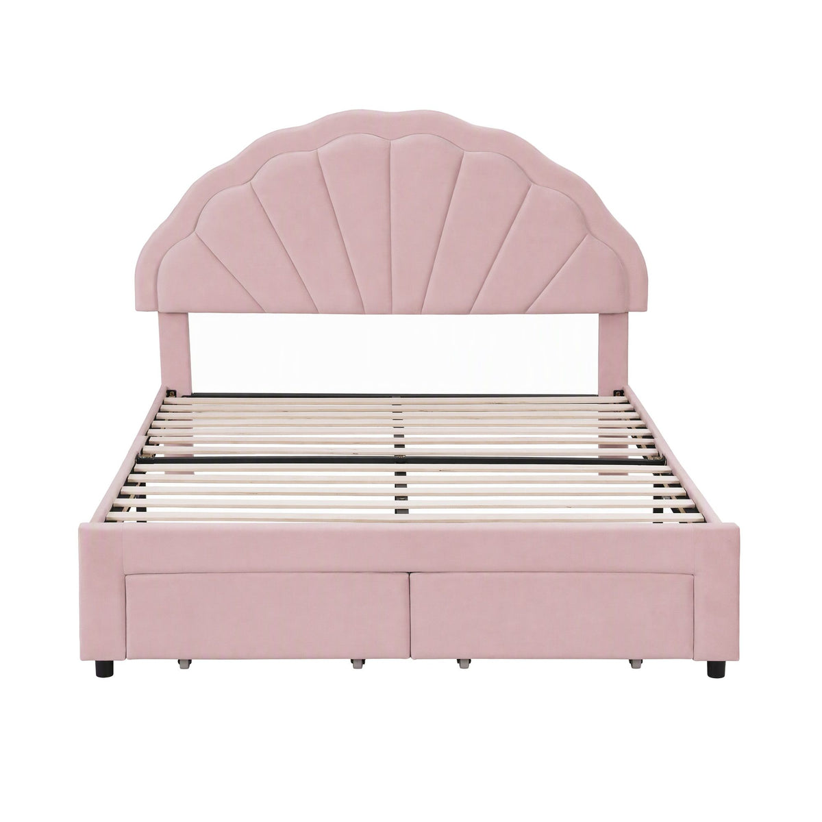 TWSC Double Bed Frame with 2 Storage Drawers Upholstered Velvet Platform Bed LED Headboard Pink