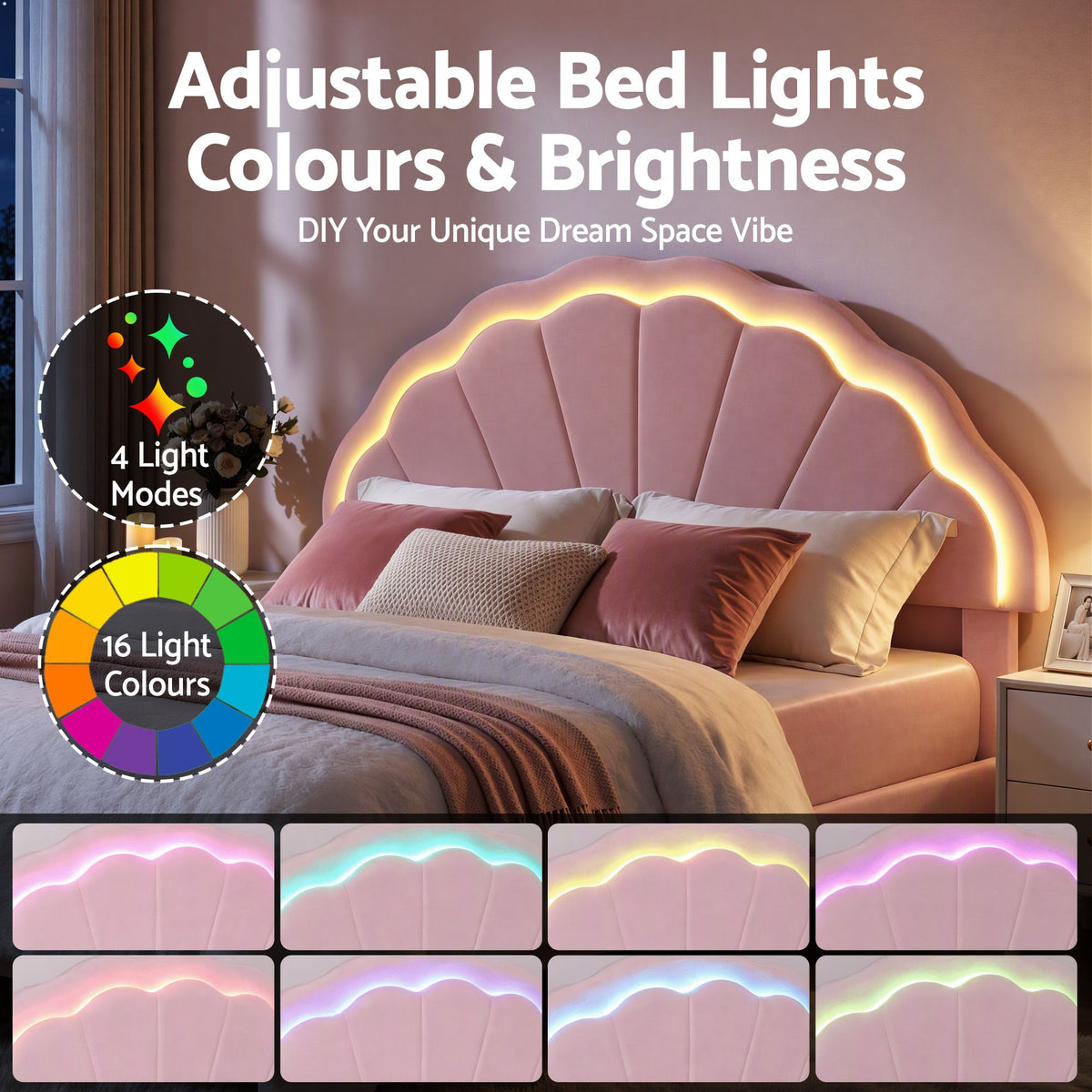 TWSC Double Bed Frame with 2 Storage Drawers Upholstered Velvet Platform Bed LED Headboard Pink