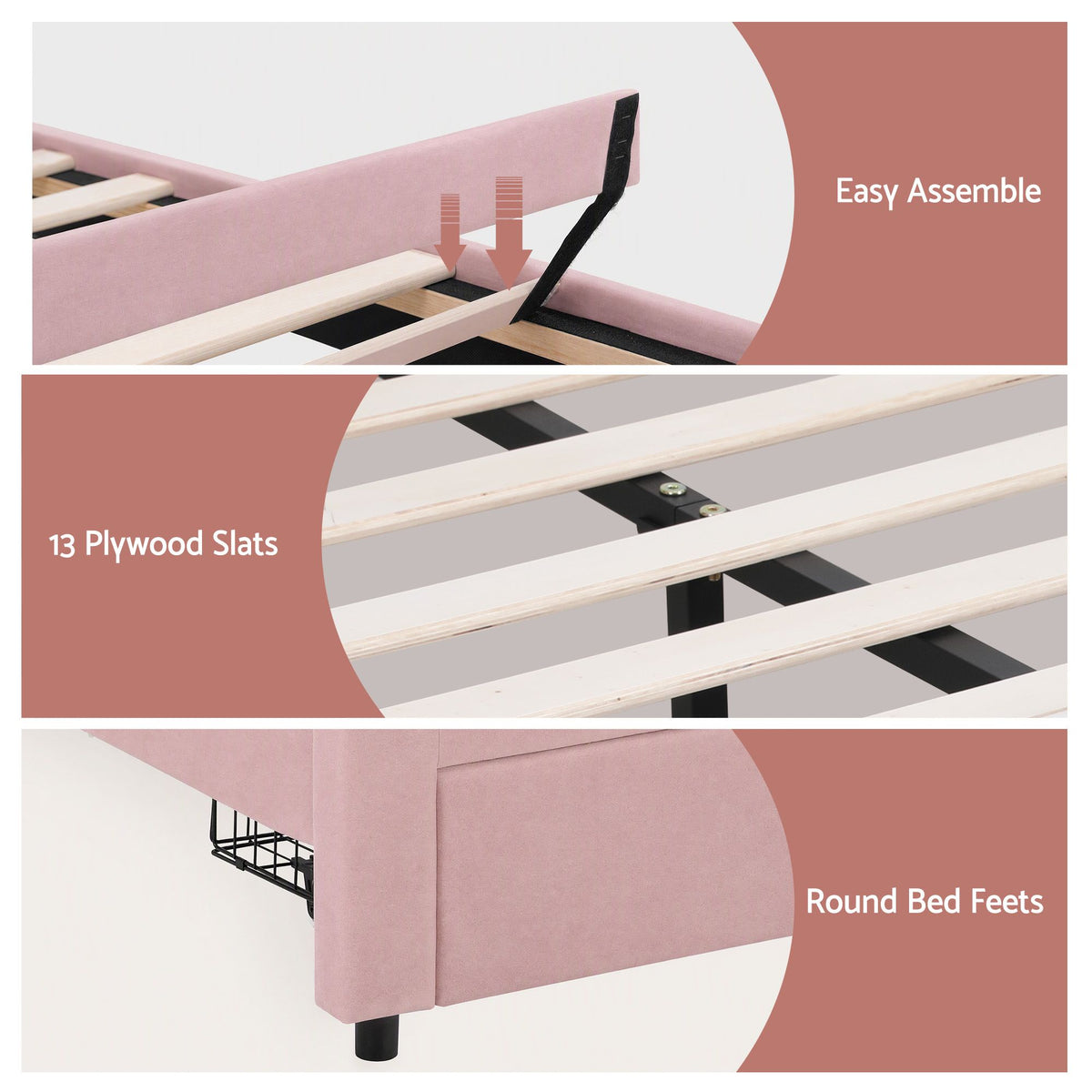 TWSC Double Bed Frame with 2 Storage Drawers Upholstered Velvet Platform Bed LED Headboard Pink