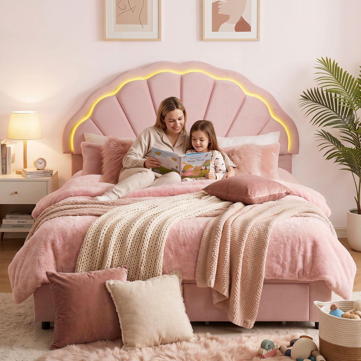TWSC Double Bed Frame with 2 Storage Drawers Upholstered Velvet Platform Bed LED Headboard Pink