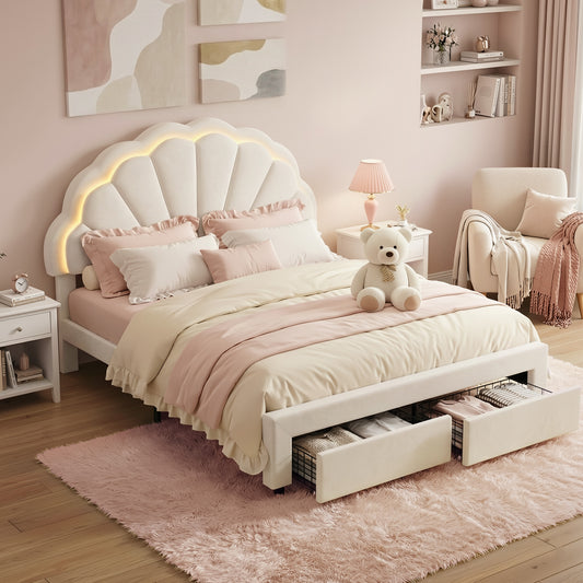 Double Bed Frame with Velvet Upholstery, LED Headboard, and Storage Drawers