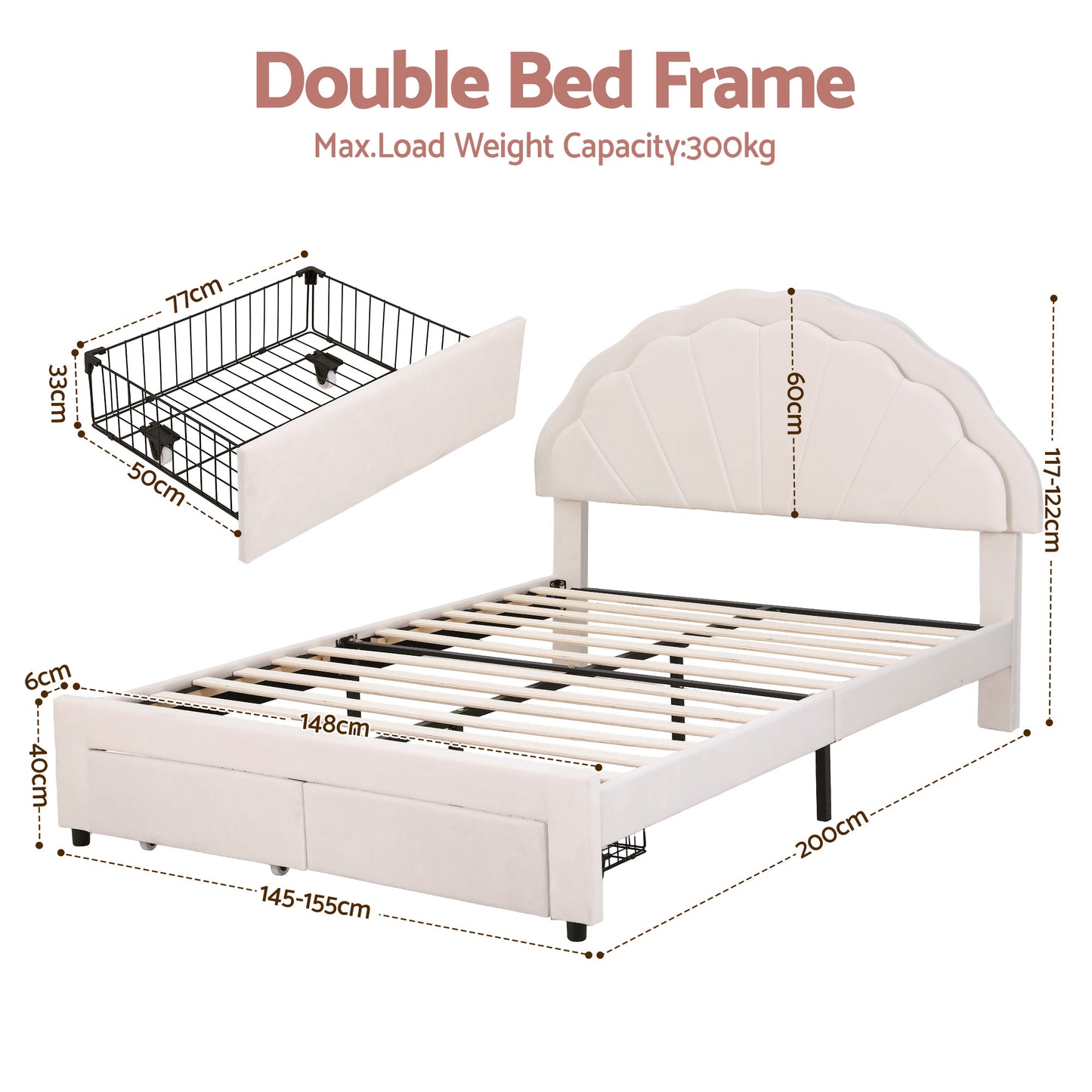 Double Bed Frame with Velvet Upholstery, LED Headboard, and Storage Drawers