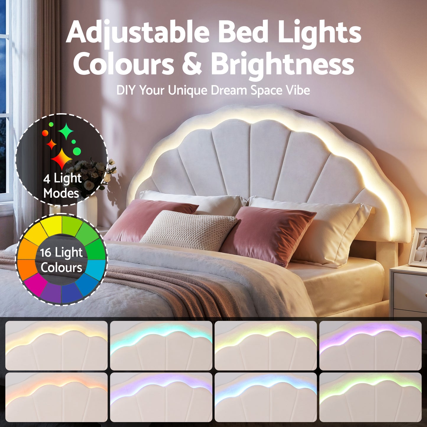 Double Bed Frame with Velvet Upholstery, LED Headboard, and Storage Drawers