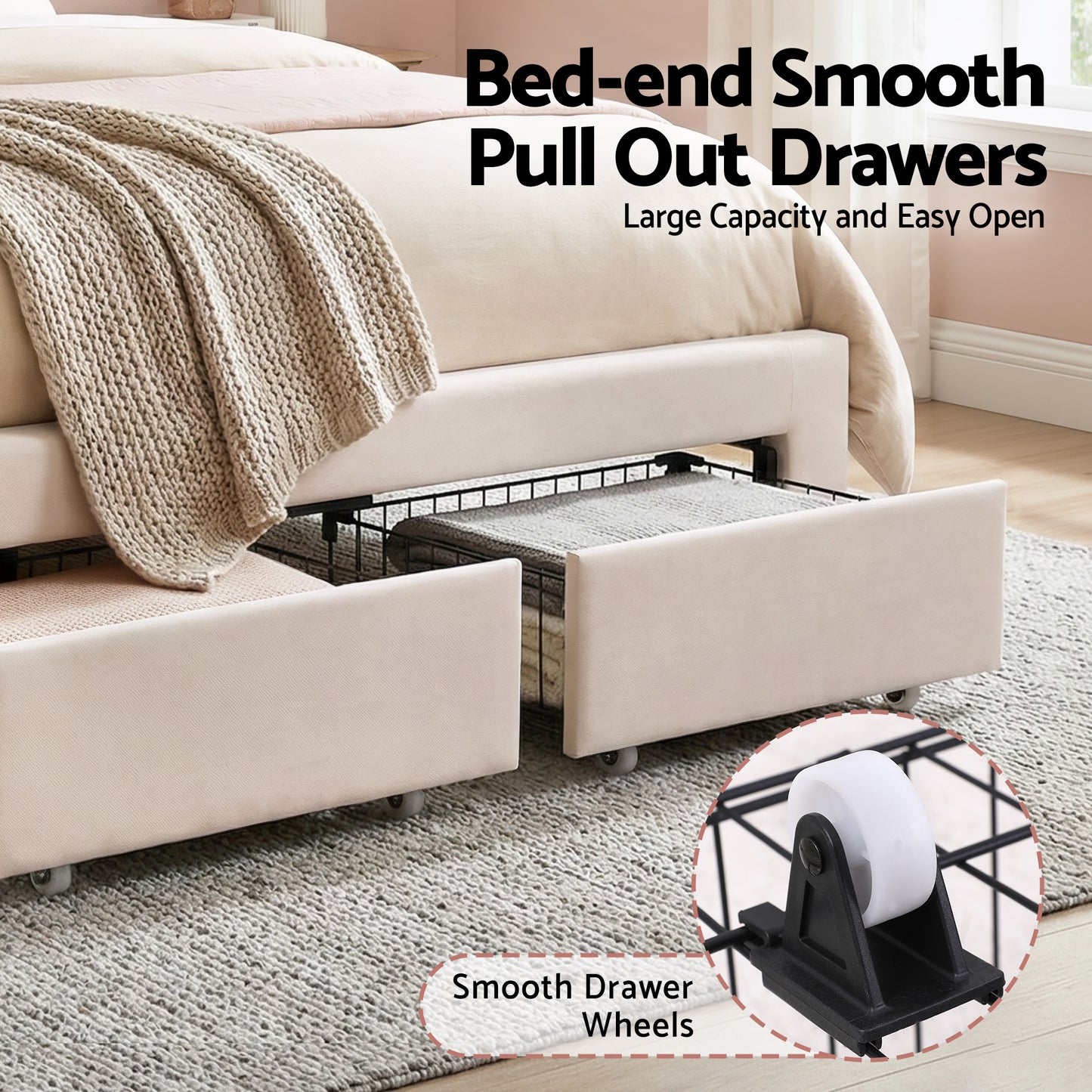 Double Bed Frame with Velvet Upholstery, LED Headboard, and Storage Drawers
