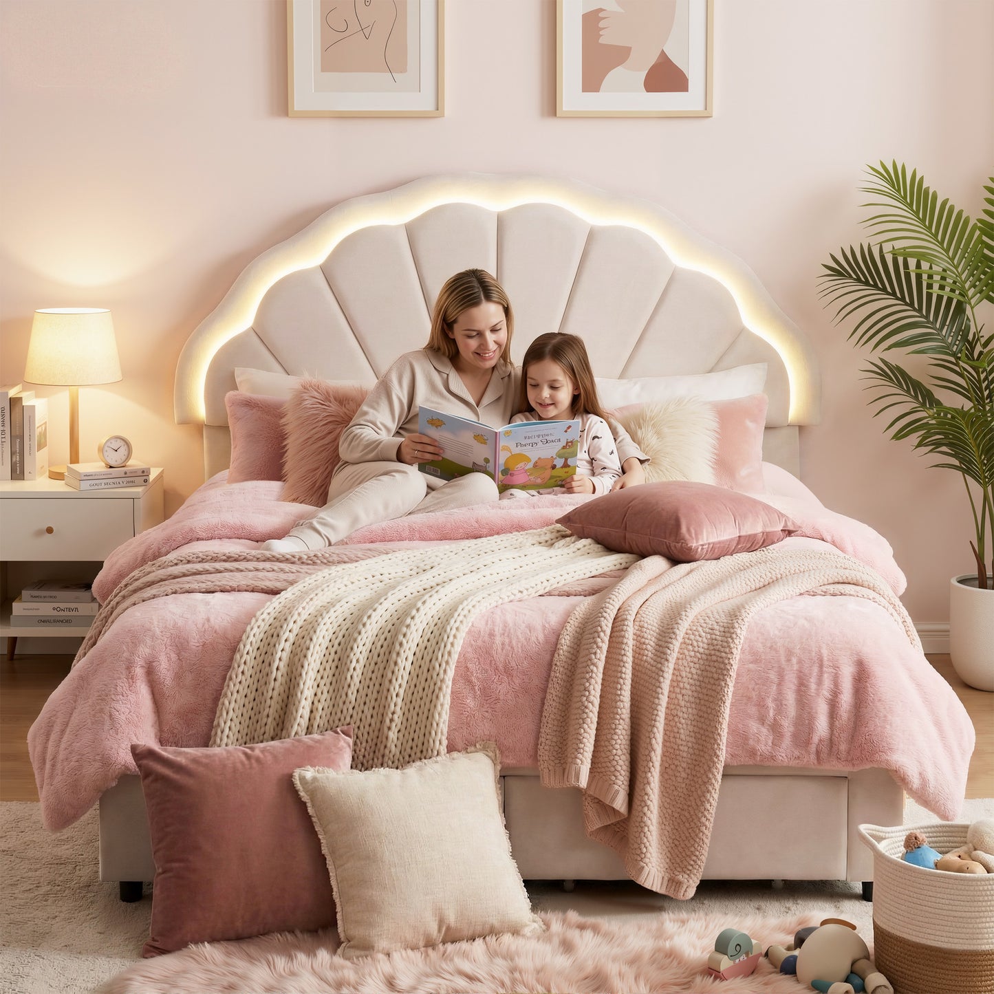 Double Bed Frame with Velvet Upholstery, LED Headboard, and Storage Drawers
