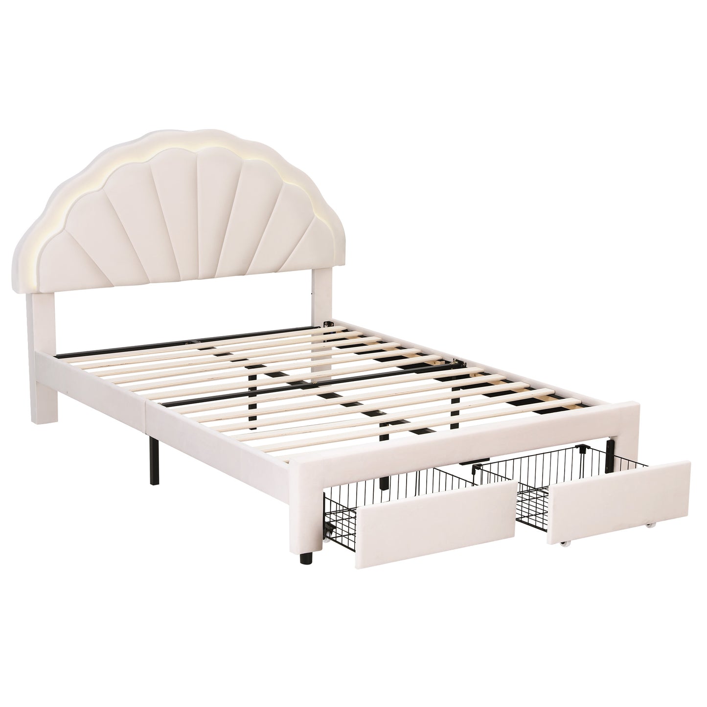 Double Bed Frame with Velvet Upholstery, LED Headboard, and Storage Drawers