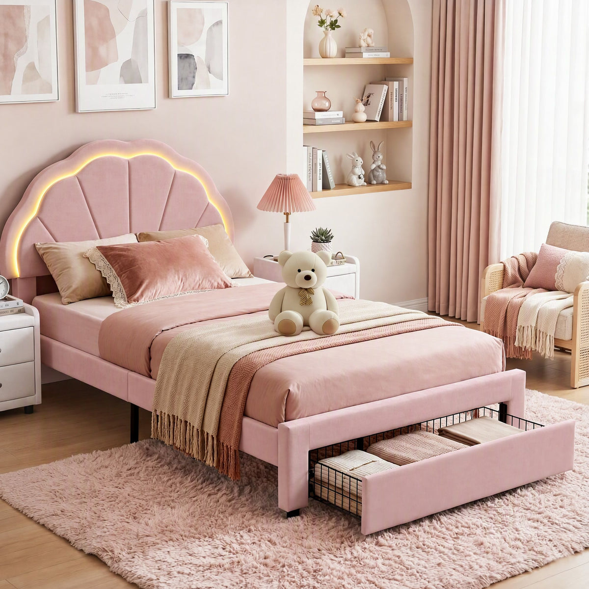 TWSC King Single Bed Frame with 1 Storage Drawers Upholstered Velvet Platform Bed LED Headboard Pink