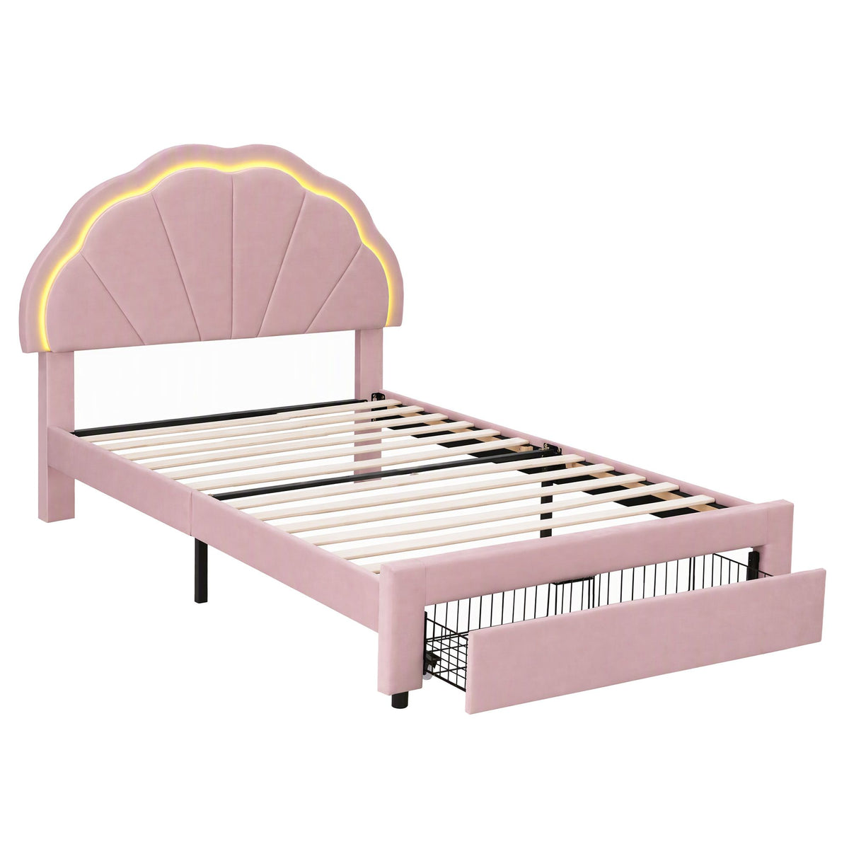 TWSC King Single Bed Frame with 1 Storage Drawers Upholstered Velvet Platform Bed LED Headboard Pink