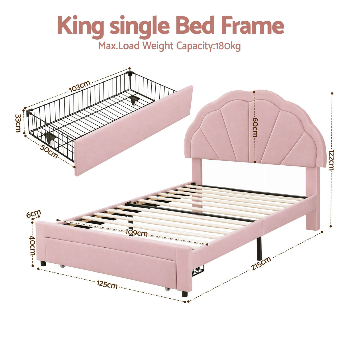 TWSC King Single Bed Frame with 1 Storage Drawers Upholstered Velvet Platform Bed LED Headboard Pink