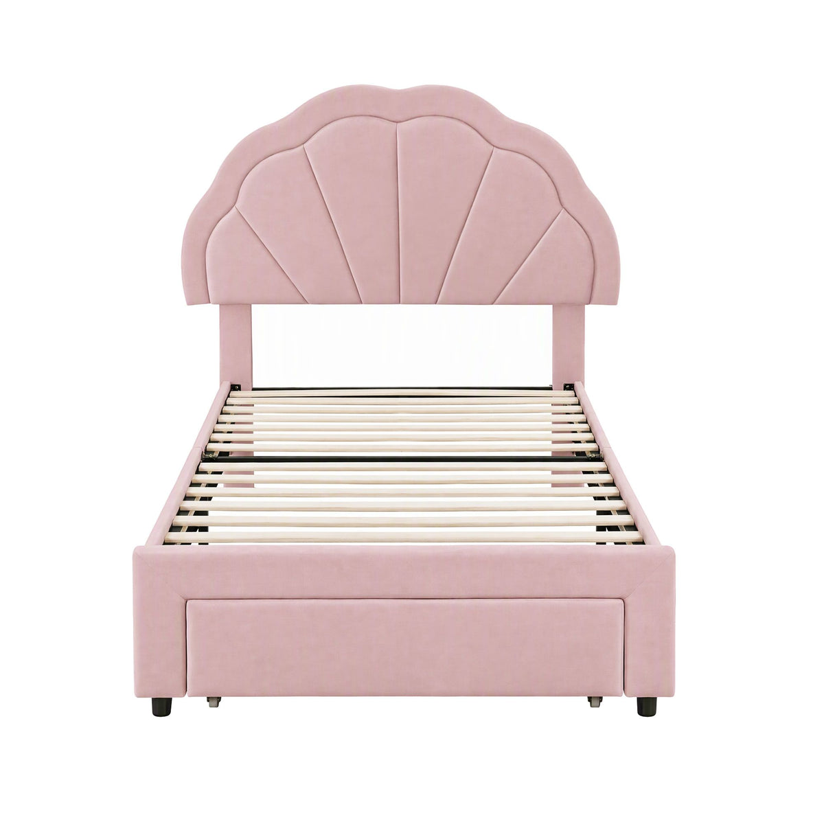 TWSC King Single Bed Frame with 1 Storage Drawers Upholstered Velvet Platform Bed LED Headboard Pink