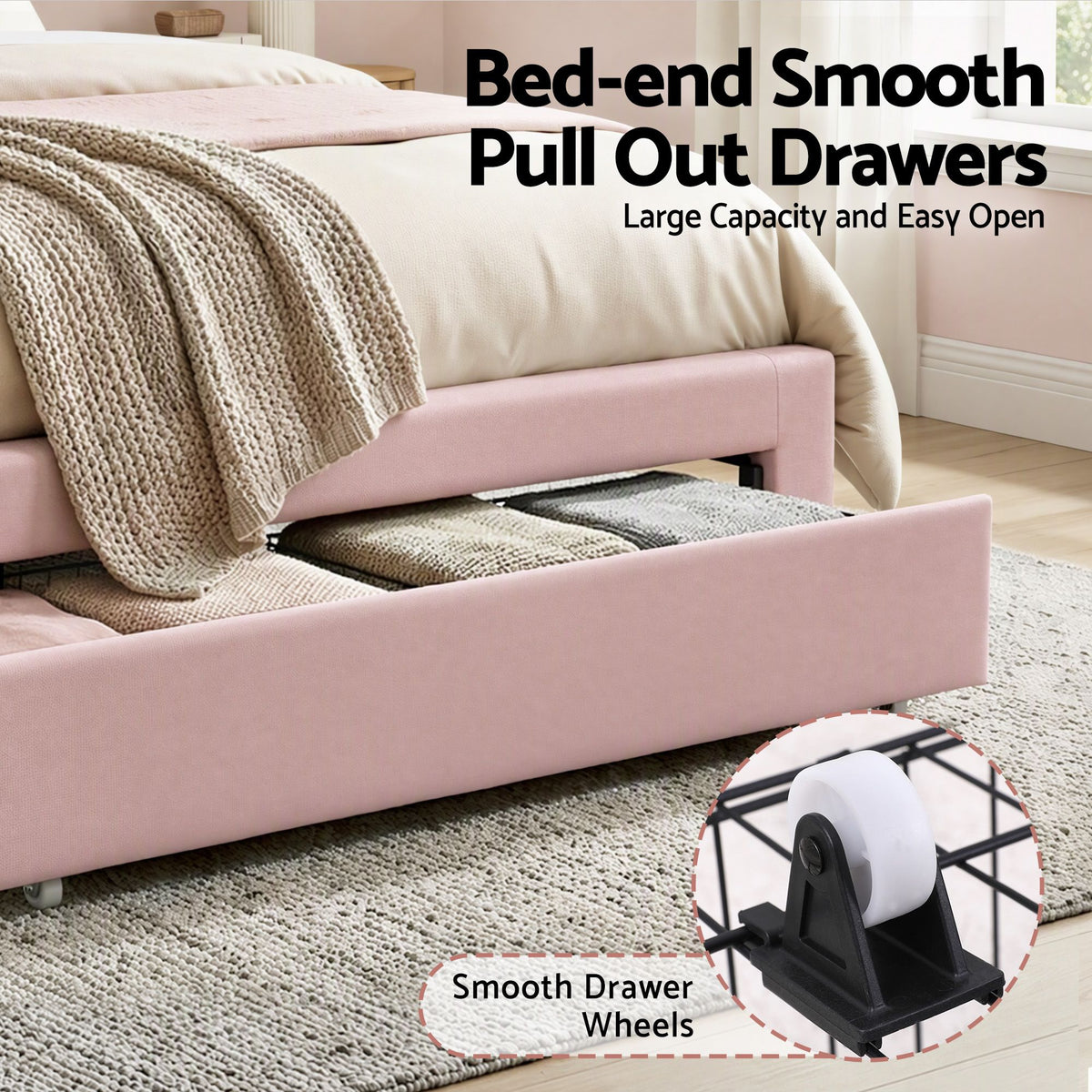 TWSC King Single Bed Frame with 1 Storage Drawers Upholstered Velvet Platform Bed LED Headboard Pink