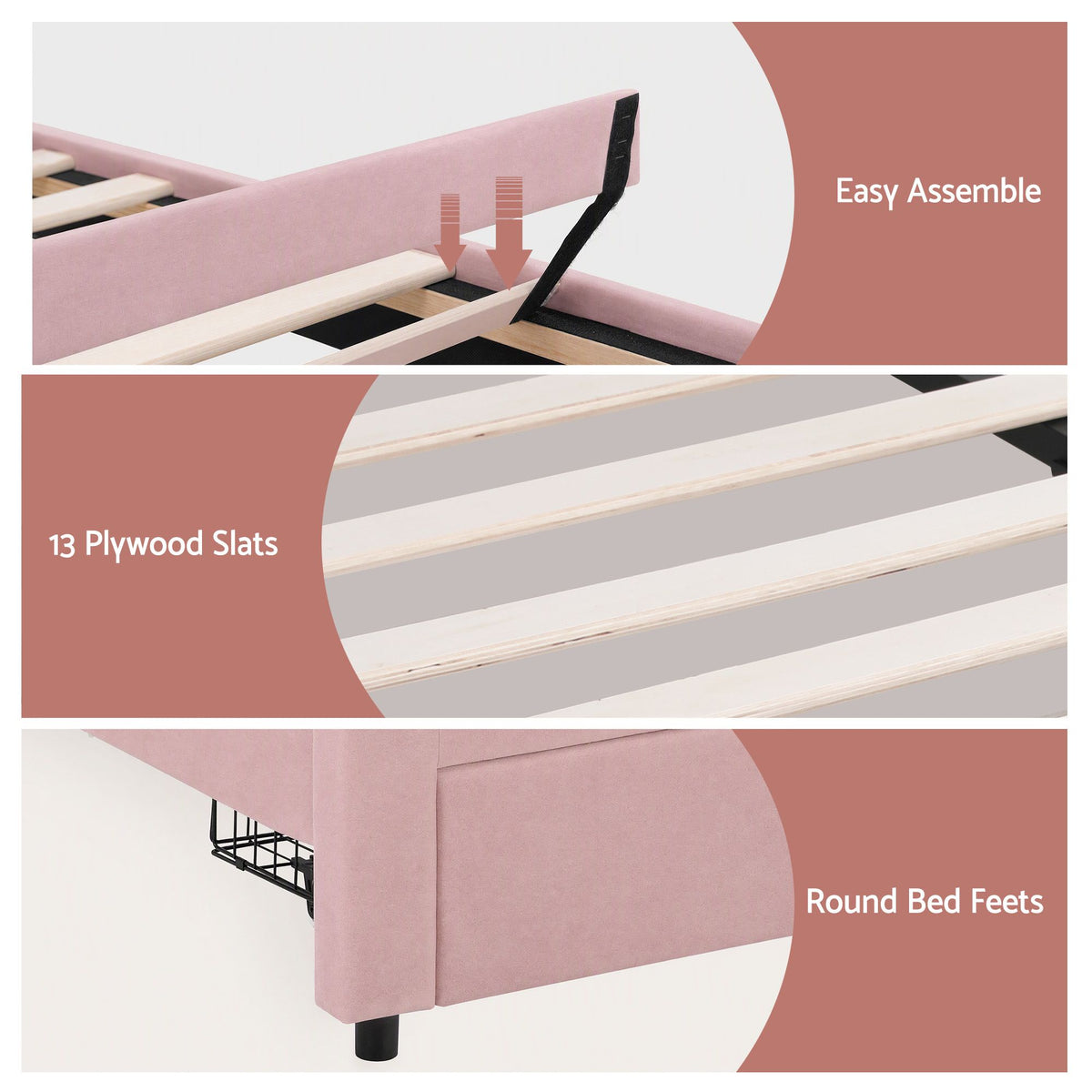 TWSC King Single Bed Frame with 1 Storage Drawers Upholstered Velvet Platform Bed LED Headboard Pink