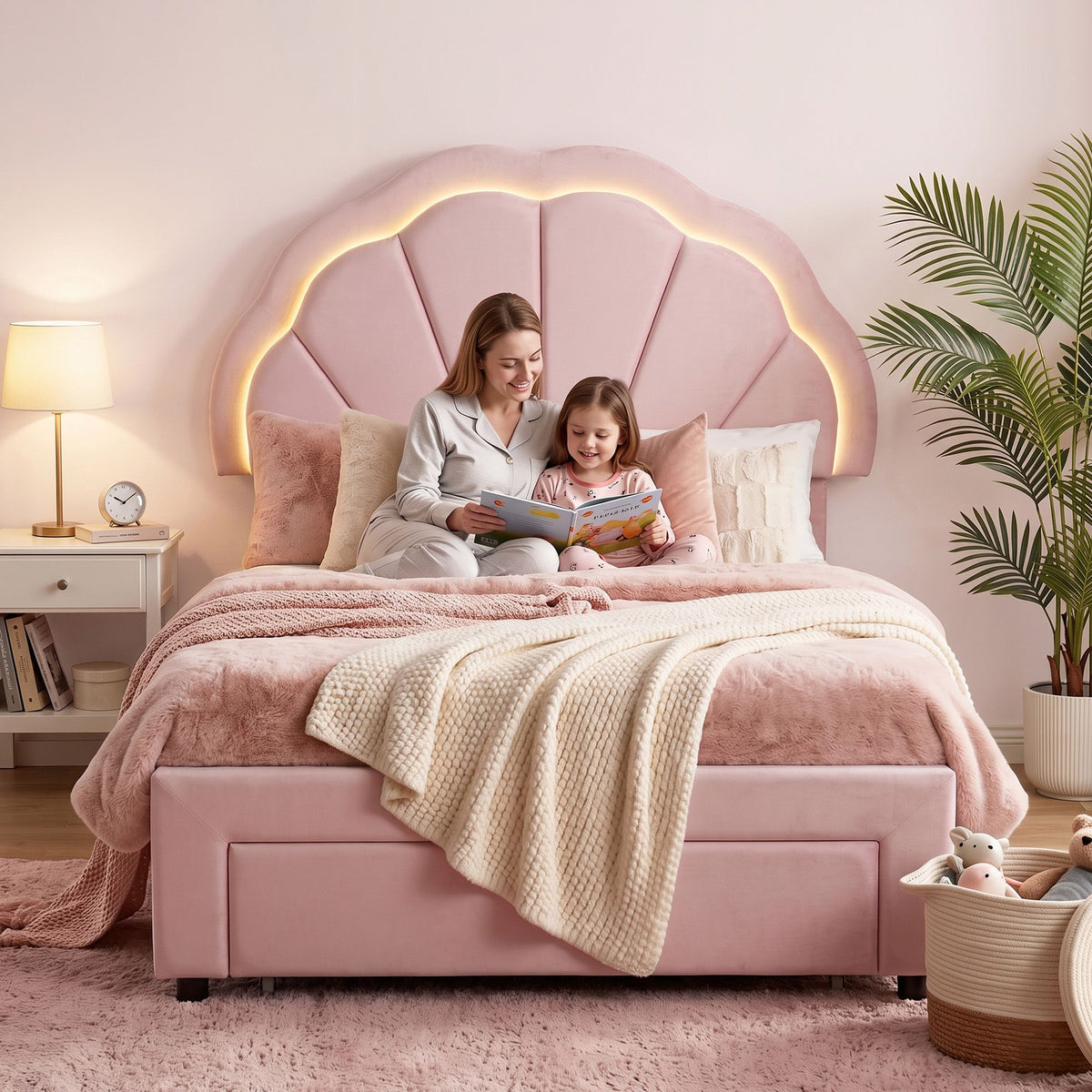 TWSC King Single Bed Frame with 1 Storage Drawers Upholstered Velvet Platform Bed LED Headboard Pink