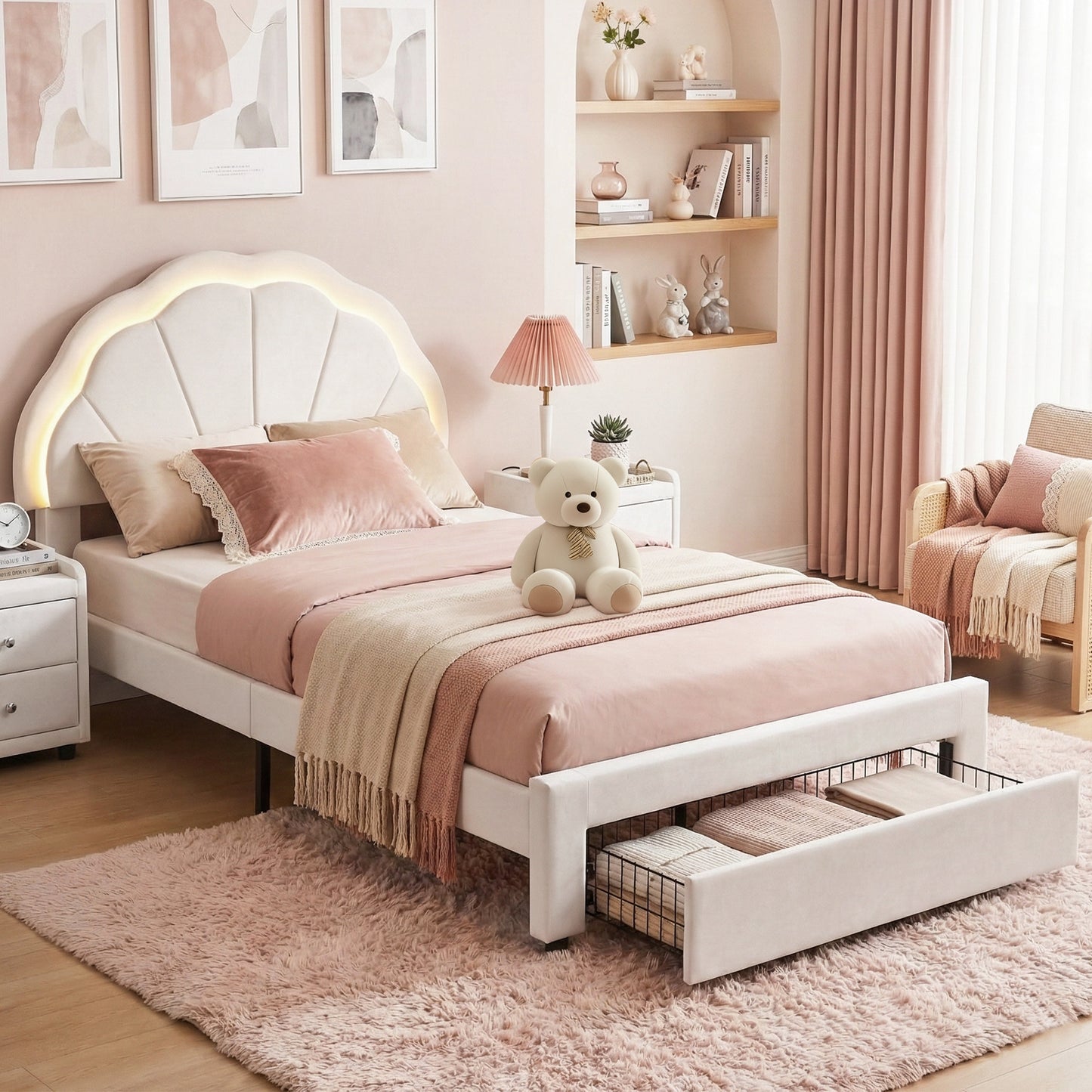 King Single Velvet Bed Frame with LED Headboard and Storage Drawer