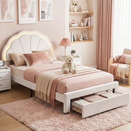 King Single Velvet Bed Frame with LED Headboard and Storage Drawer