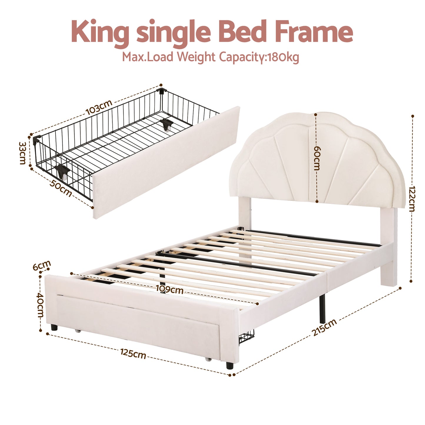 King Single Velvet Bed Frame with LED Headboard and Storage Drawer