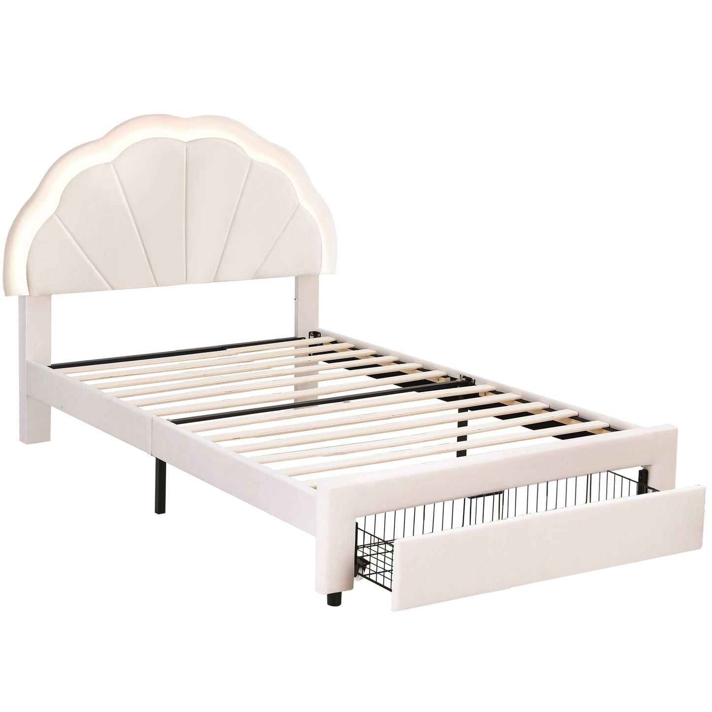 King Single Velvet Bed Frame with LED Headboard and Storage Drawer