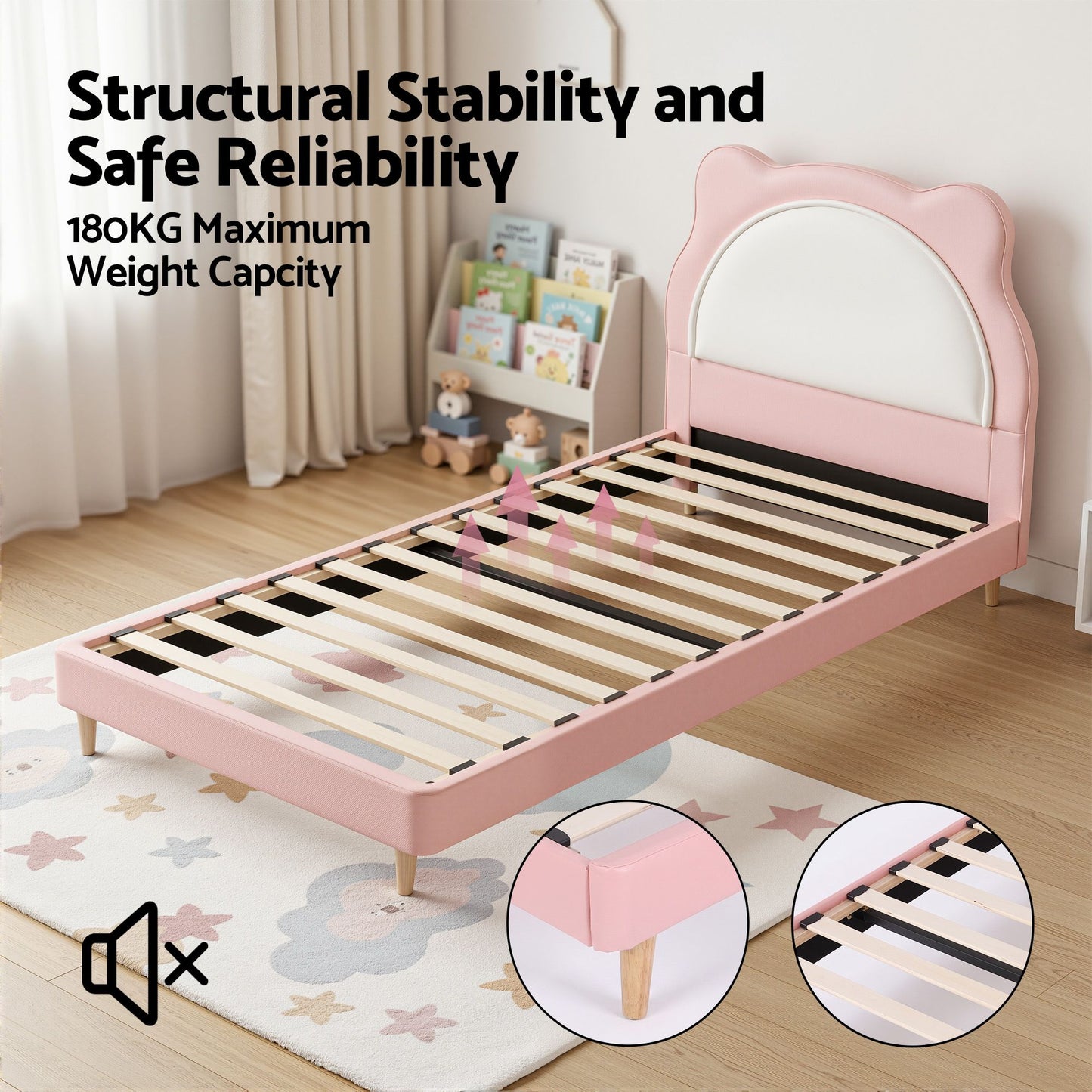 King Single Kids Bed Frame – Pink Upholstered with Cute Animal Design