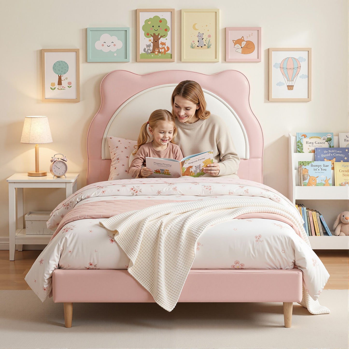 King Single Kids Bed Frame – Pink Upholstered with Cute Animal Design