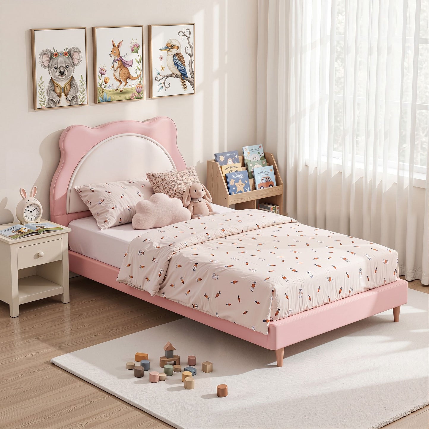 King Single Kids Bed Frame – Pink Upholstered with Cute Animal Design