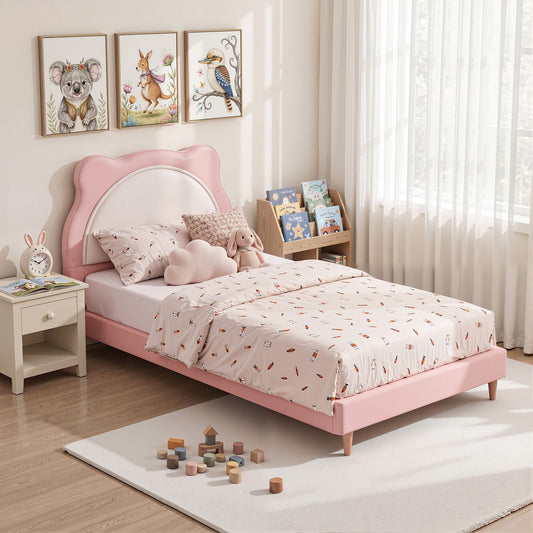 King Single Kids Bed Frame – Pink Upholstered with Cute Animal Design