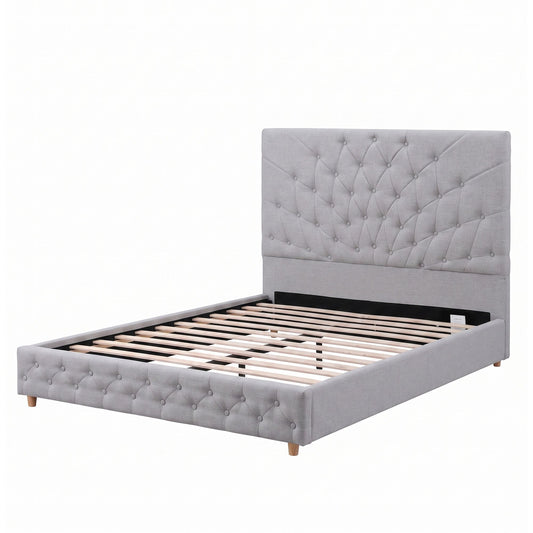 TWSC Double Bed Frame with Tufted Headboard and Plywood Slats Grey