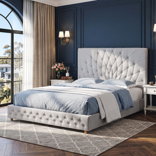 TWSC Queen Bed Frame with Tufted Headboard and Plywood Slats Grey