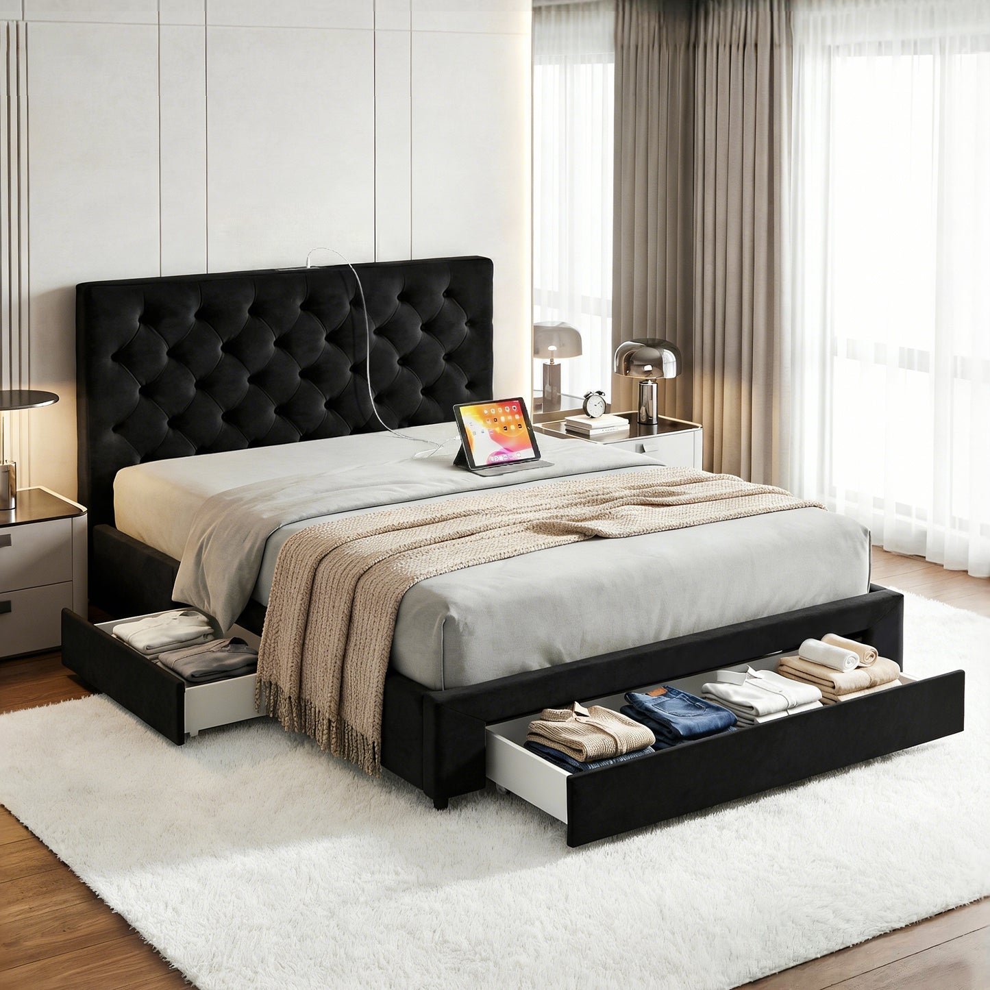 Double Upholstered Bed Frame – Storage Drawers with USB and Type-C Charging Ports