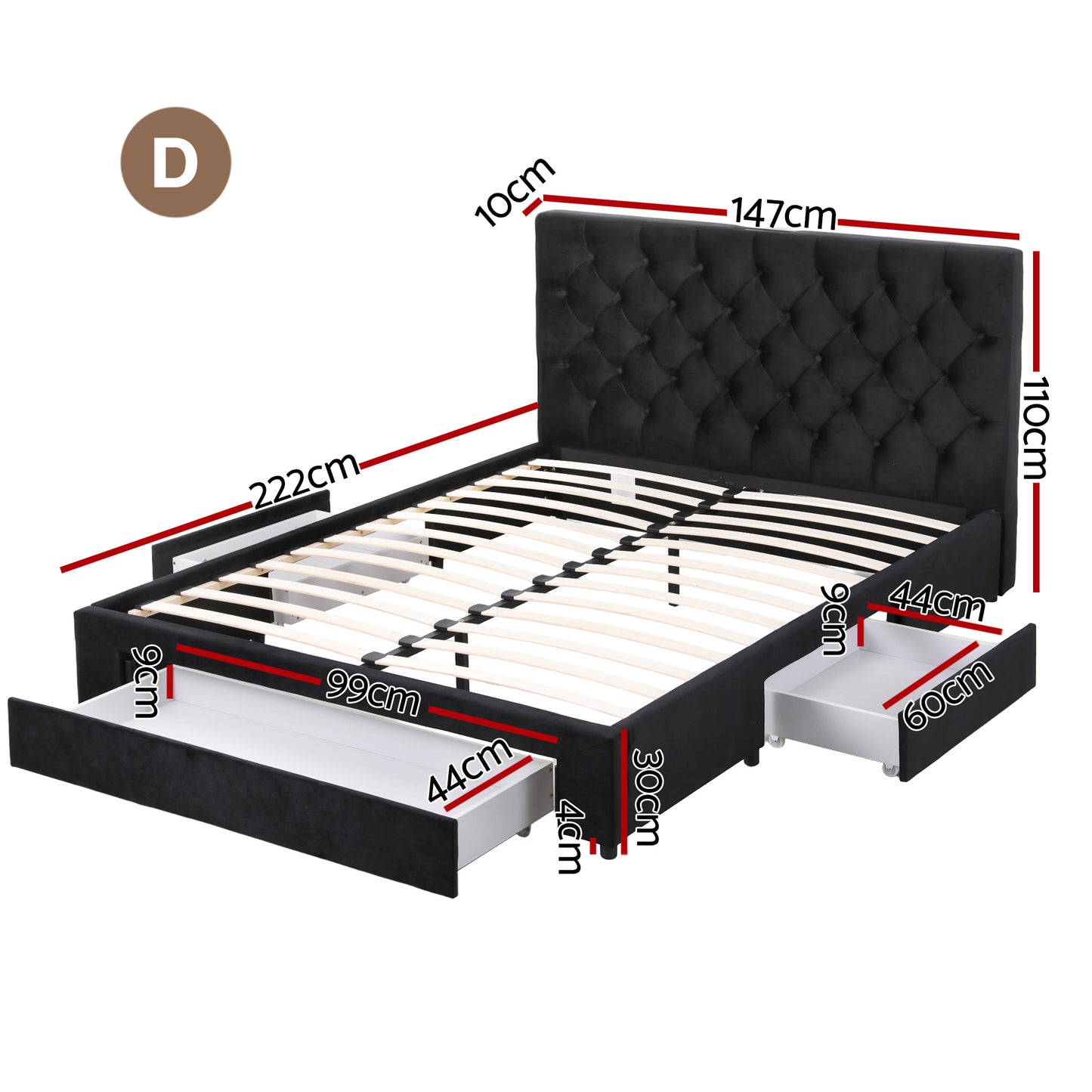 Double Upholstered Bed Frame – Storage Drawers with USB and Type-C Charging Ports