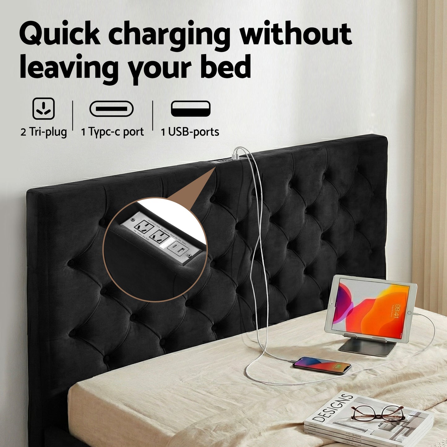 Double Upholstered Bed Frame – Storage Drawers with USB and Type-C Charging Ports