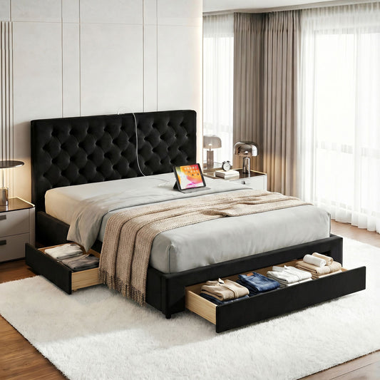 King Upholstered Bed Frame – Storage Drawers with USB and Type-C Charging Station