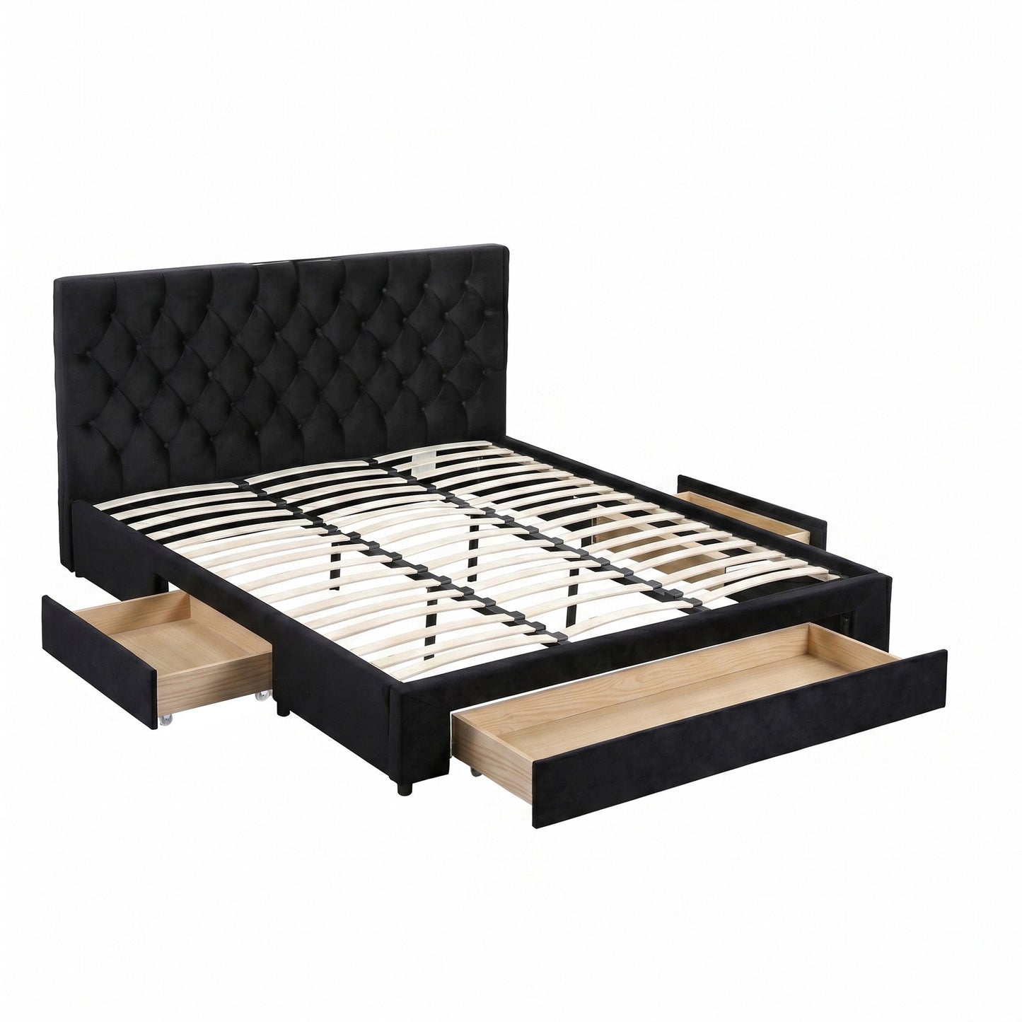 King Upholstered Bed Frame – Storage Drawers with USB and Type-C Charging Station