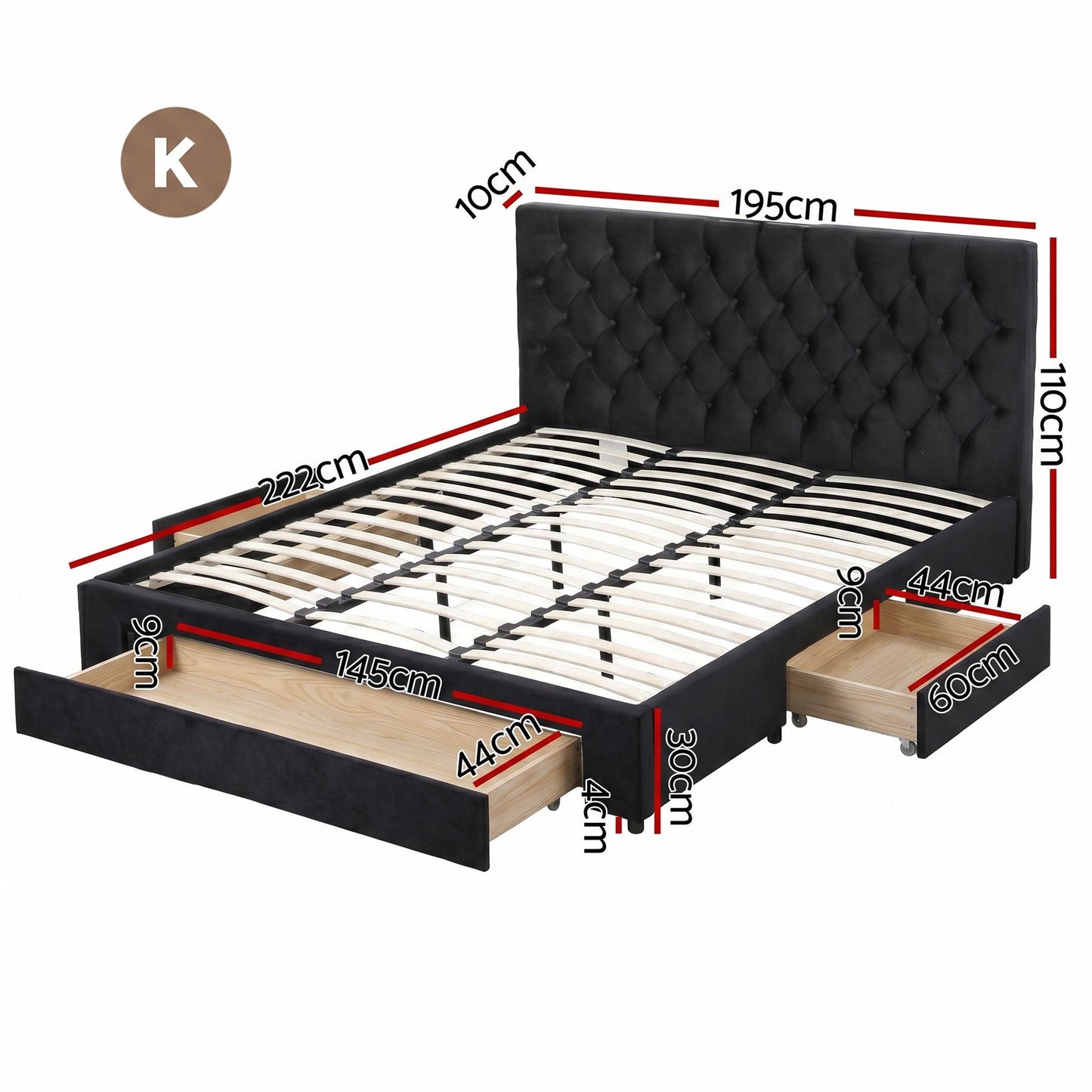 King Upholstered Bed Frame – Storage Drawers with USB and Type-C Charging Station
