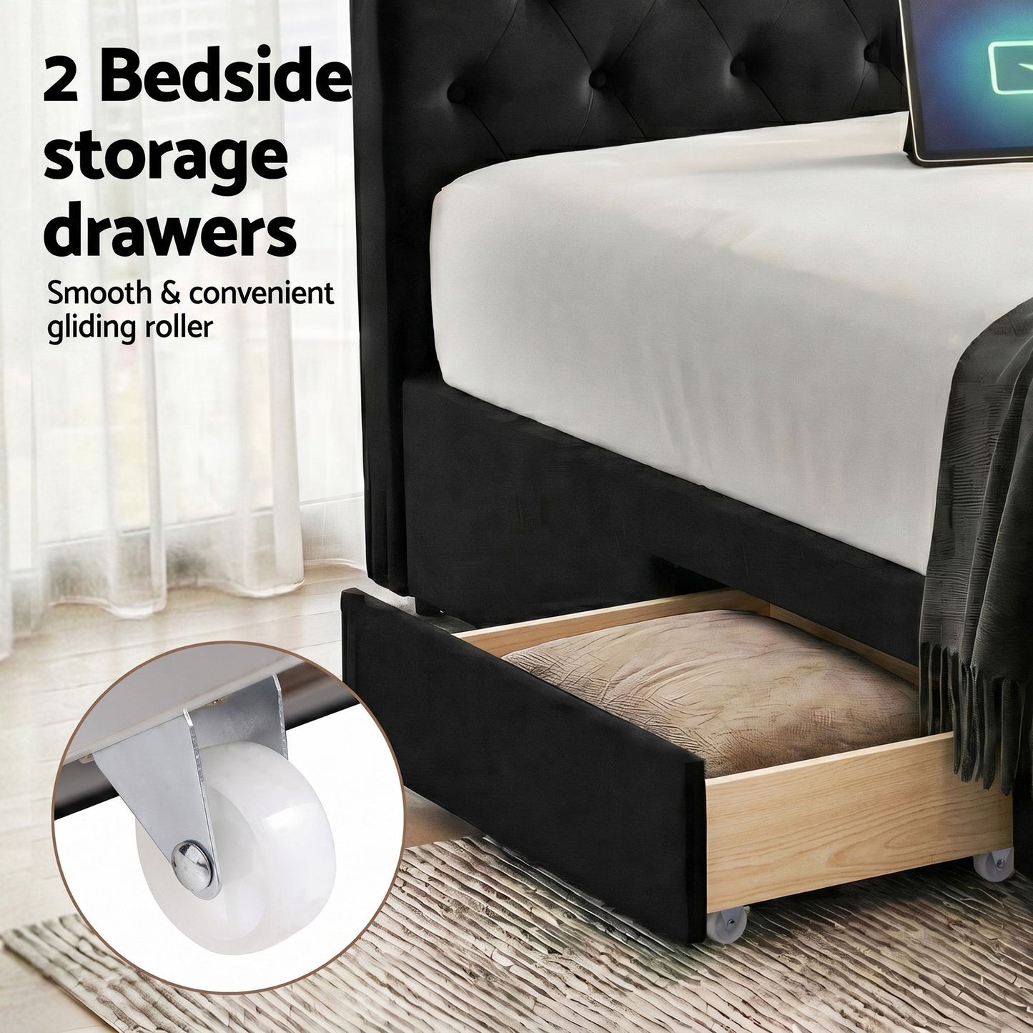 King Upholstered Bed Frame – Storage Drawers with USB and Type-C Charging Station