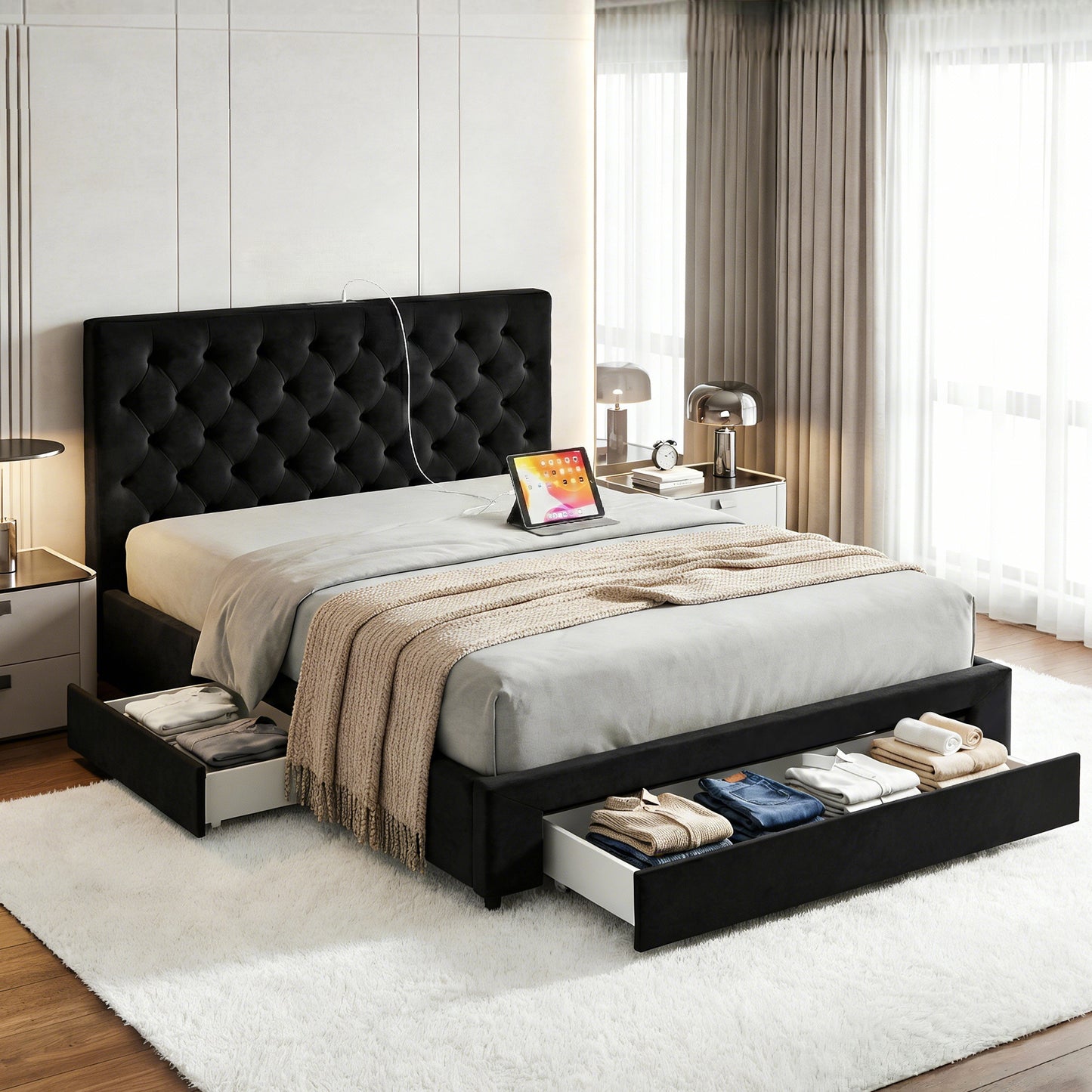 Queen Upholstered Bed Frame with Storage Drawers and USB Type-C Charging Station