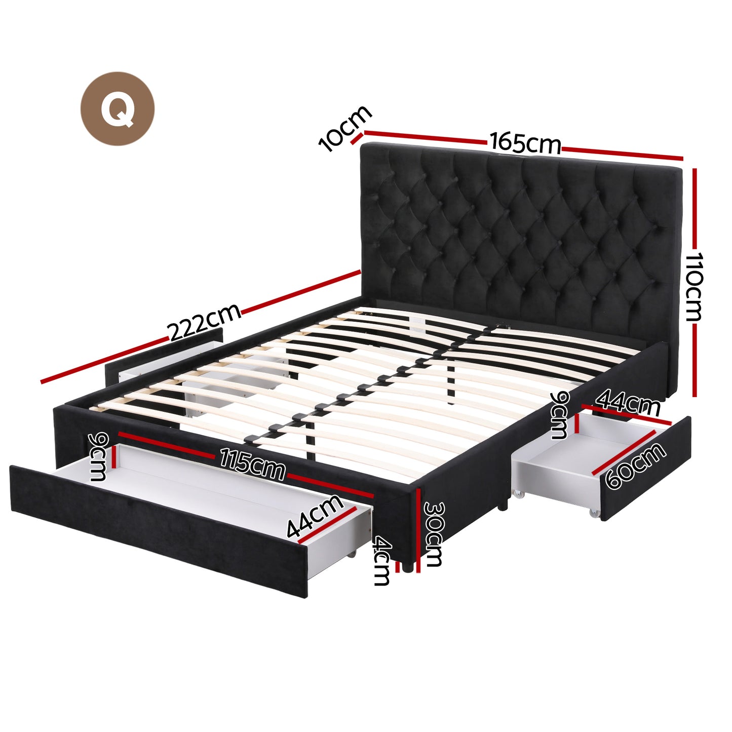 Queen Upholstered Bed Frame with Storage Drawers and USB Type-C Charging Station