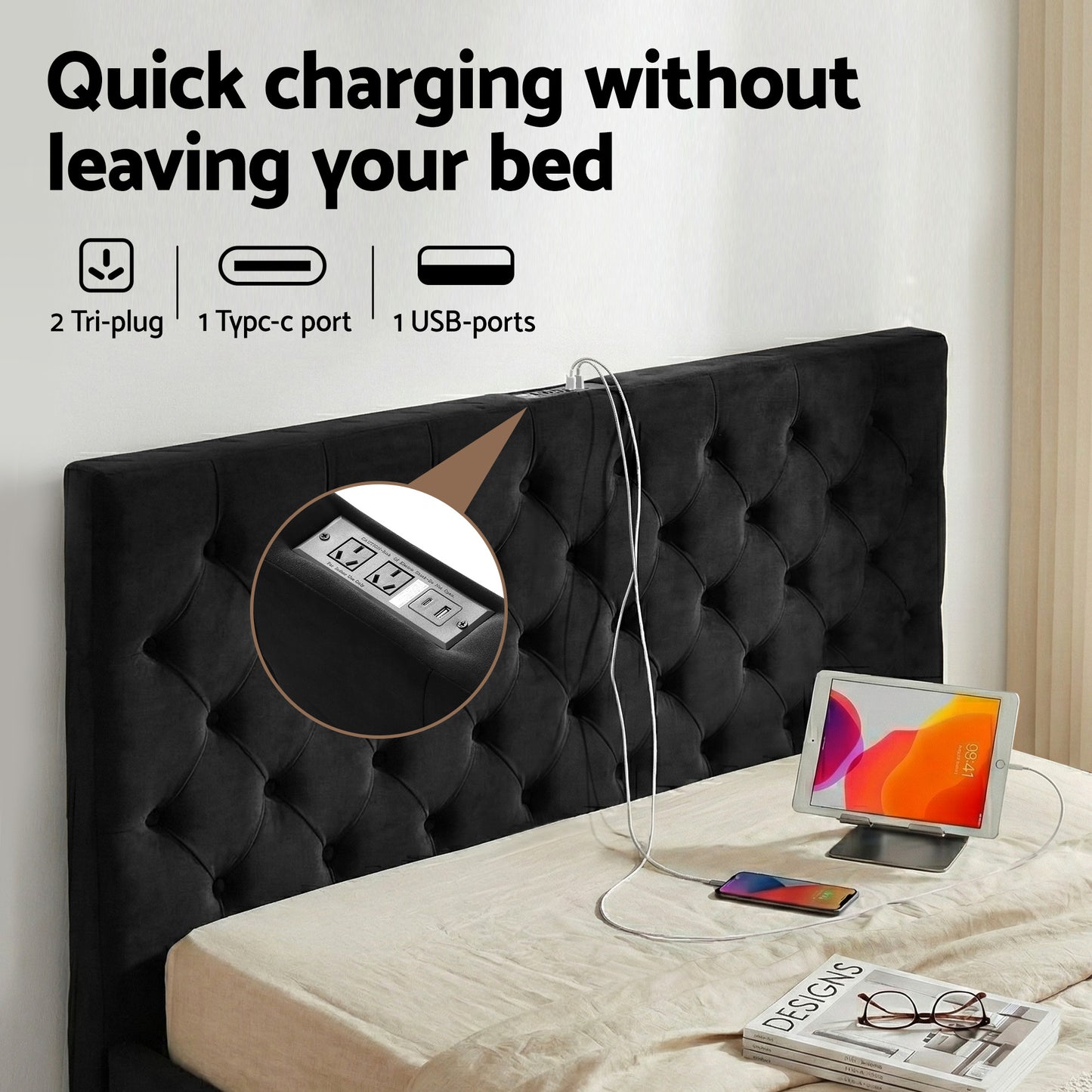 Queen Upholstered Bed Frame with Storage Drawers and USB Type-C Charging Station