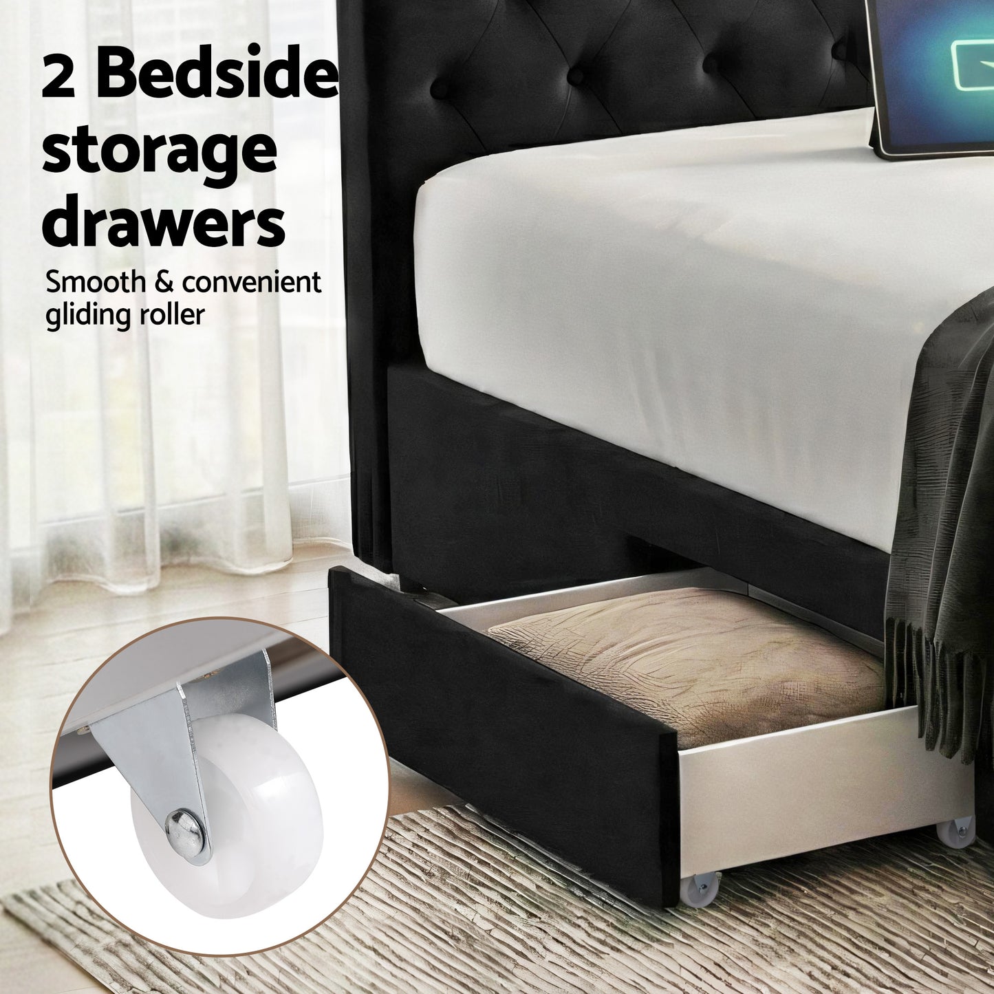Queen Upholstered Bed Frame with Storage Drawers and USB Type-C Charging Station