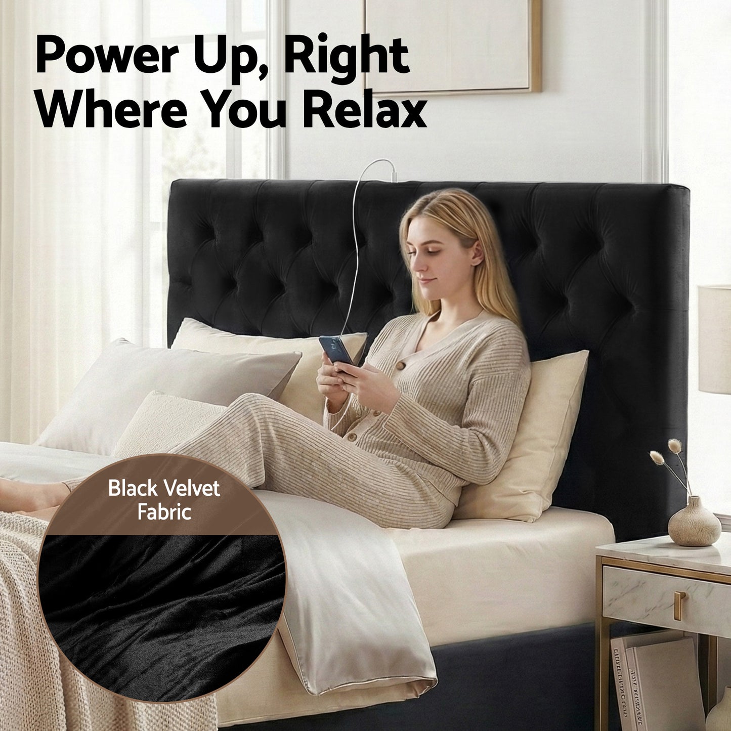 Queen Upholstered Bed Frame with Storage Drawers and USB Type-C Charging Station